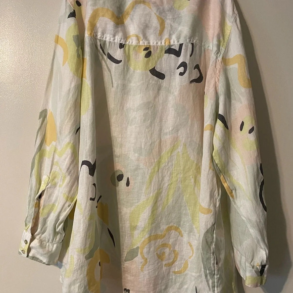 Rachel Zoe Abstract Floral Print 100% Linen Roll Tab Button Front Blouse Size 2X - Picture 5 of 8